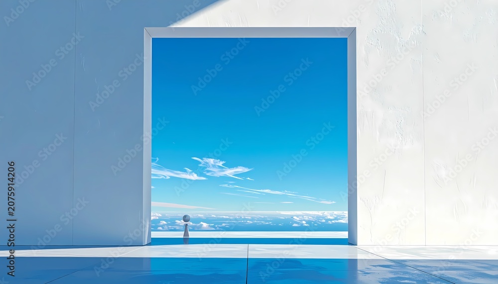 Fototapeta premium Minimalist white square frame with chess pawn, straight-on view looking out to bright sky, surreal 3D digital render, sharp daylight shadows on clear blue sky background.