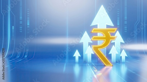 Indian Rupee Symbol Rising Upwards with Arrows on Blue Digital Background