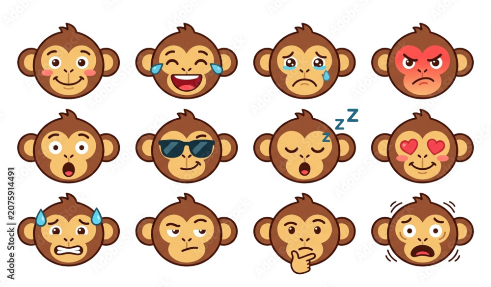 Fototapeta premium Cartoon Monkey Emoji Icon Collection