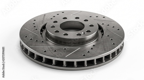 Industrial brake disc isolated on a white background with realistic machined steel texture and studio lighting. Perfect for braking and machinery concepts.