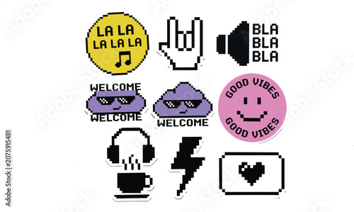 Tableau sur toile Retro pixel art sticker collection featuring music notes headphones smiling face