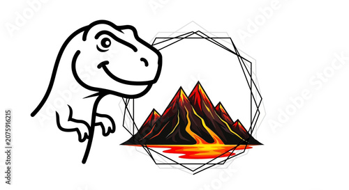 Cartoon Dinosaur and Volcano Illustration