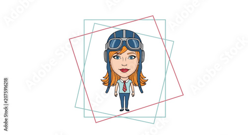 Cartoon Aviator Woman with Goggles and Cap, Retro Style, Confident Expression