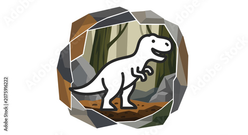 Cartoon Dinosaur in Cave Entrance with Forest Background