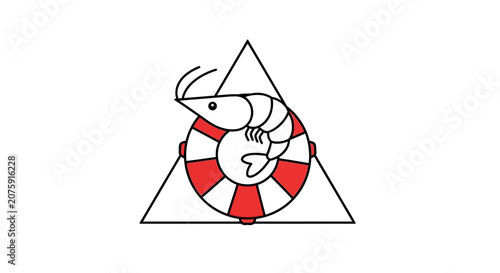 Cartoon Shrimp Wearing Lifebuoy Inside Triangle Symbol, Cute Seafood Mascot