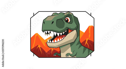 Cartoon T-Rex Dinosaur Roaring in Volcanic Landscape