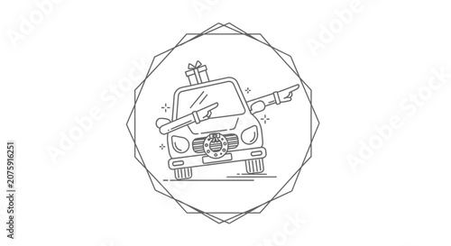 Christmas Car with Gift and Wreath, Festive Holiday Driving Icon