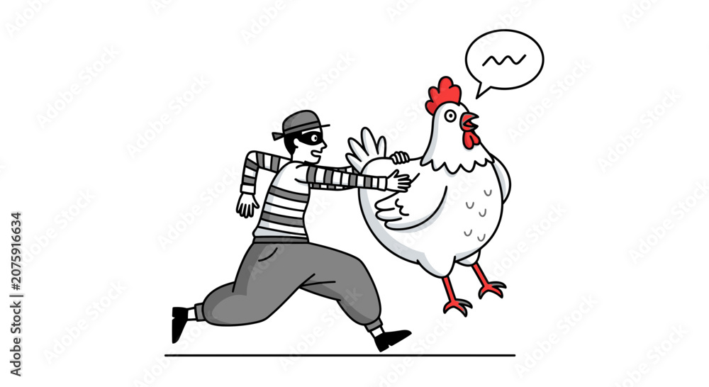 Obraz premium Thief stealing a chicken, cartoon illustration