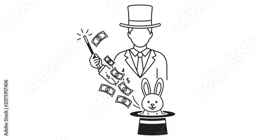 Magician pulling money and rabbit from hat, magic trick, illusion, financial success concept
