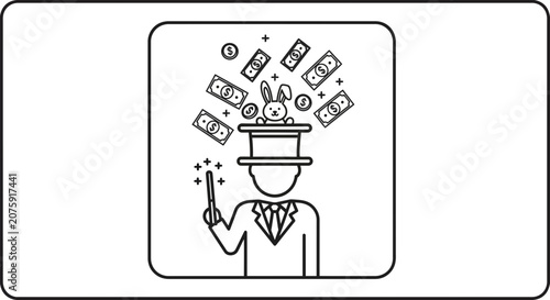 Magician pulling rabbit and money from hat, magic show, financial success concept