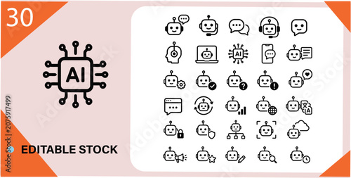AI Chatbot and Virtual Assistant Icons Set – Conversational AI, Customer Support, Voice Assistant and Automation Vector Collection