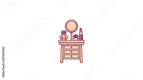 Schilderij op canvas Minimalist wooden vanity with mirror and makeup items on a dresser Vector
