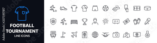 Football tournament line icons set featuring player, cleats, jersey, ball, whistle, trophy, medal, stadium, referee card, and fan gear. Ideal for sports apps, championship branding, and football event