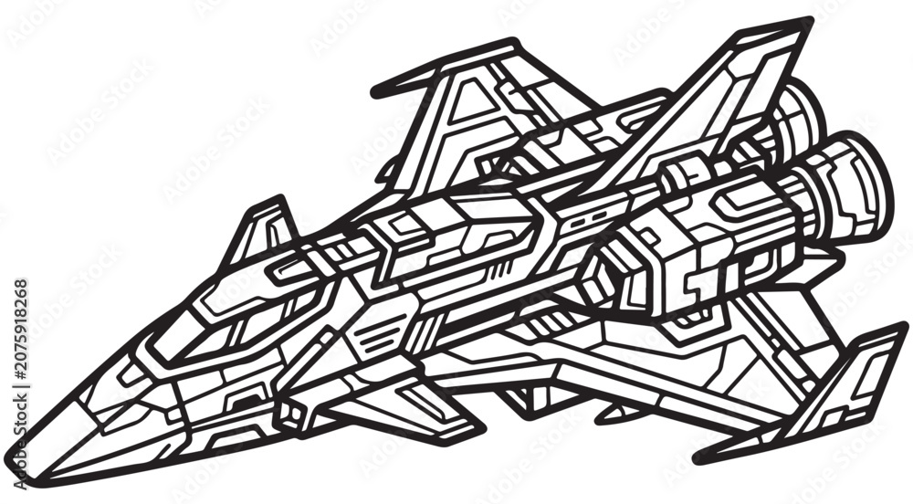 Fototapeta premium Futuristic spaceship line art vector with detailed mechanical parts and engines for sci-fi coloring book and creative projects