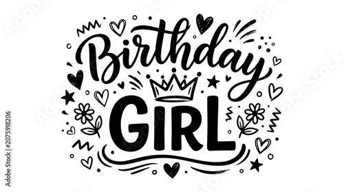 A birthday celebration for a young GIRL with crown and decorative flowers and hearts
