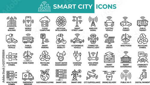 Smart city infrastructure technology icons set with green energy transportation digital payment automation line icon vector banner