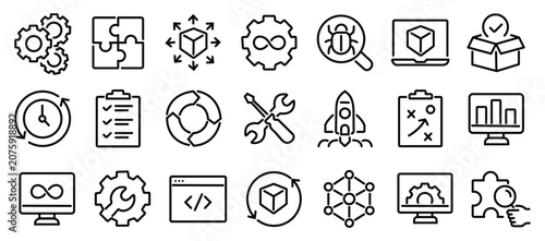 Bild auf Leinwand DevOps development and operations concept editable stroke outline icons set isolated on white background flat vector illustration