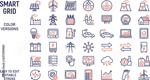 Smart grid renewable energy infrastructure color outline icons set for power generation electrical distribution vector design