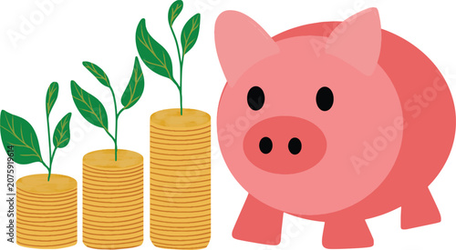 Pink Piggy Bank Standing Beside Stacked Gold Coins With Green Growing Plants Symbolizing Financial Growth, Investment Return, Savings Increase, Money Cultivation, And Long Term Wealth Building