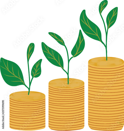 Tall Stacked Gold Coins With Large Green Growing Plants And Small Pink Piggy Bank Representing Strong Financial Growth, Compounding Investment, Increasing Savings, And Long Term Money