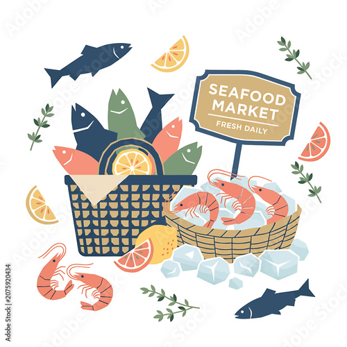 Cuadro en lienzo Seafood market fresh daily fish shrimp.