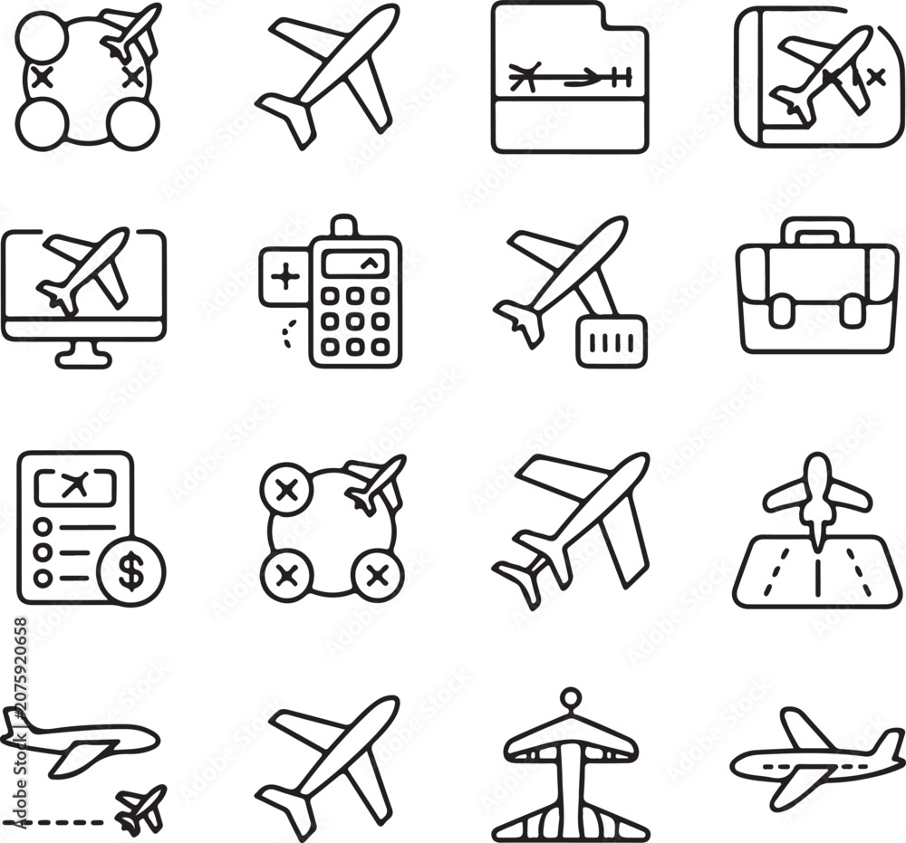 Fototapeta premium A comprehensive collection of airline travel management icons for logistics planning and modern aviation navigation systems