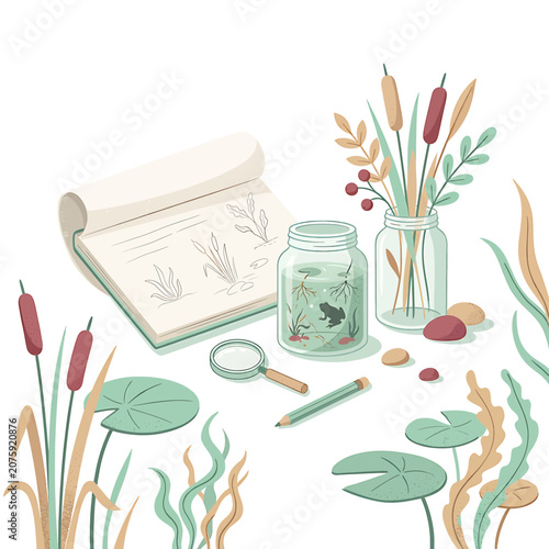 Εκτύπωση καμβά Water plants and journal with magnifying glass.