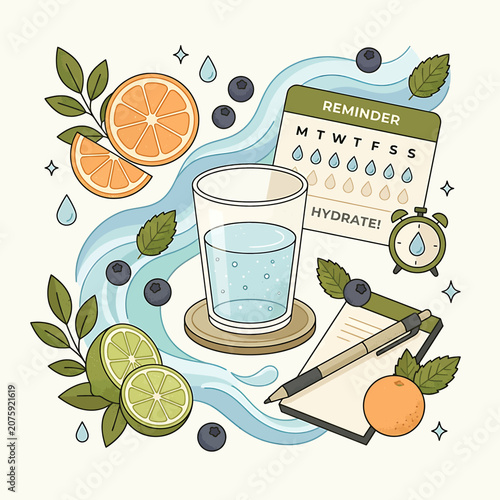 фотографія Hydration reminder with fruits and water.