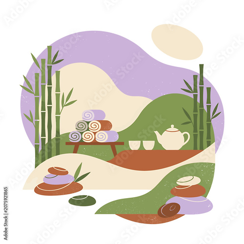 Canvas Print Serene spa setting with tea and towels.