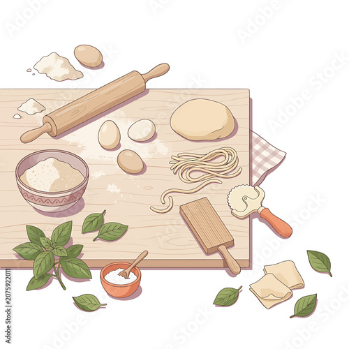 Photos Pasta making ingredients on wooden board.