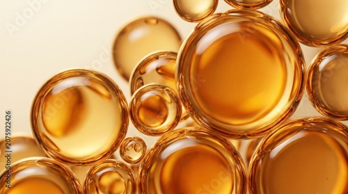 Close-up of golden oil droplets, abstract macro background
