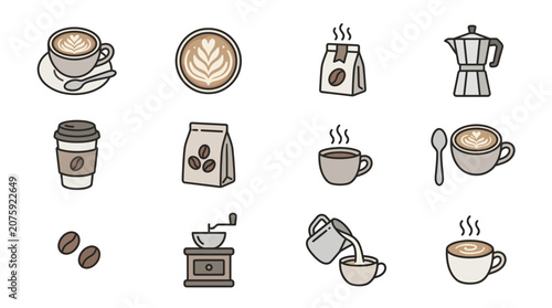 Coffee Icons Set: Espresso, Latte Art, Beans, Grinder, Moka Pot, Takeaway Cup