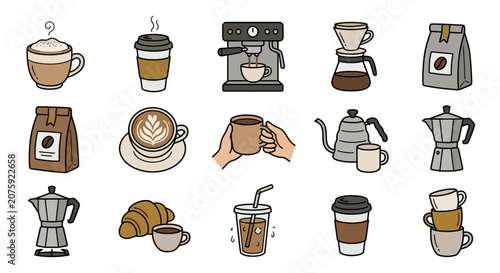 Coffee Icons Set: Espresso Machine, Mugs, Beans, Croissant, Pour Over, French Press