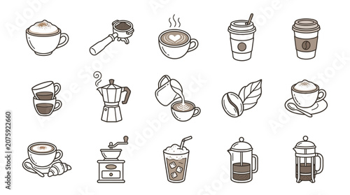 Coffee Icons Set: Espresso, Cappuccino, Latte, Beans, Grinder, French Press, Moka Pot
