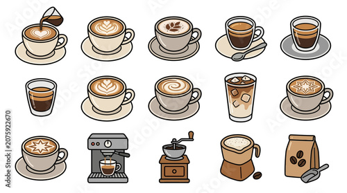 Coffee Icons Set: Espresso, Latte Art, Cappuccino, Machine, Grinder, Beans