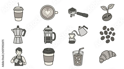 Coffee Icons Set: Espresso, Latte Art, Beans, Maker, Barista, Croissant