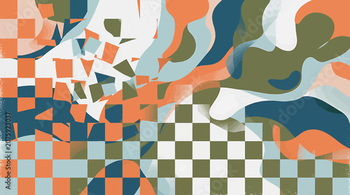 Vibrant Abstract Geometric Composition Featuring Triangles and Checkered Designs.