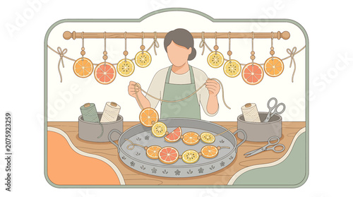 Woman baking pumpkin cookies in kitchen illustration.