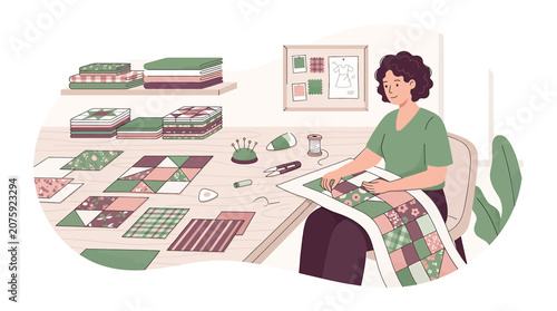 Woman Quilting in a Bright Room with Fabric Pieces and Supplies.