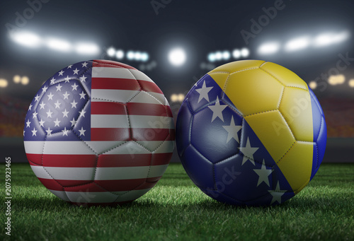 Two soccer balls in flags colors on a stadium blurred background. USA vs Bosnia and Herzegovina. 3D image.