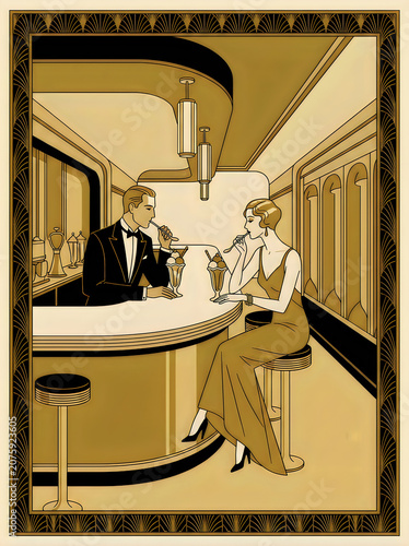 Elegant couple eating ice cream at art deco diner bar illustration