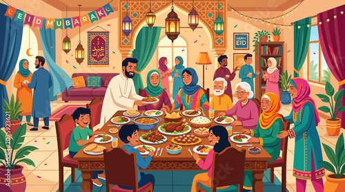 Bilde på lerret Festive Family Gathering for Iftar Meal in Traditional Setting.