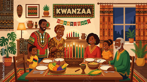 Quadro em tela Family Celebrating Kwanzaa with Kinara and Festive Decorations.