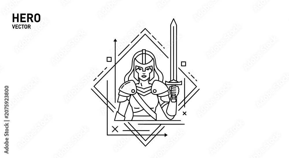 Obraz premium Heroic Warrior Woman with Sword, Geometric Design, Line Art Illustration