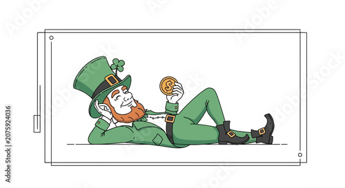 Leprechaun Relaxing with Gold Coin, St. Patrick's Day Celebration