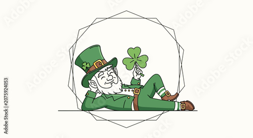 Leprechaun relaxing with shamrock, St. Patrick's Day, Irish folklore character