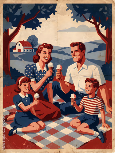 Family having a picnic with ice cream in a park vintage poster style illustration