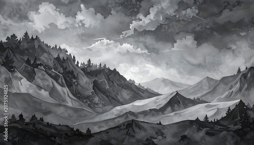 Monochromatic watercolor mountain landscape with cloudy sky, misty atmosphere, dramatic peaks, valley view, artistic textured background