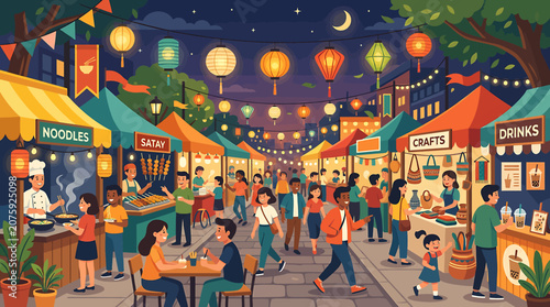 Tableau sur toile Vibrant Night Market Bustle with Lanterns and Crowds.