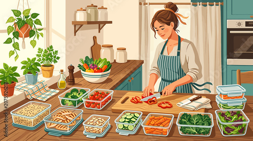 Tableau sur toile Watercolor illustration of a woman preparing fresh vegetables in kitchen